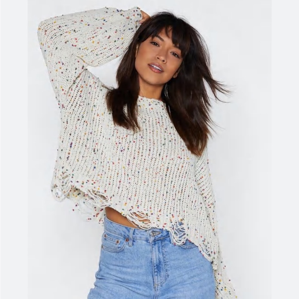 BOL white speckled rainbow dotted distressed sweater